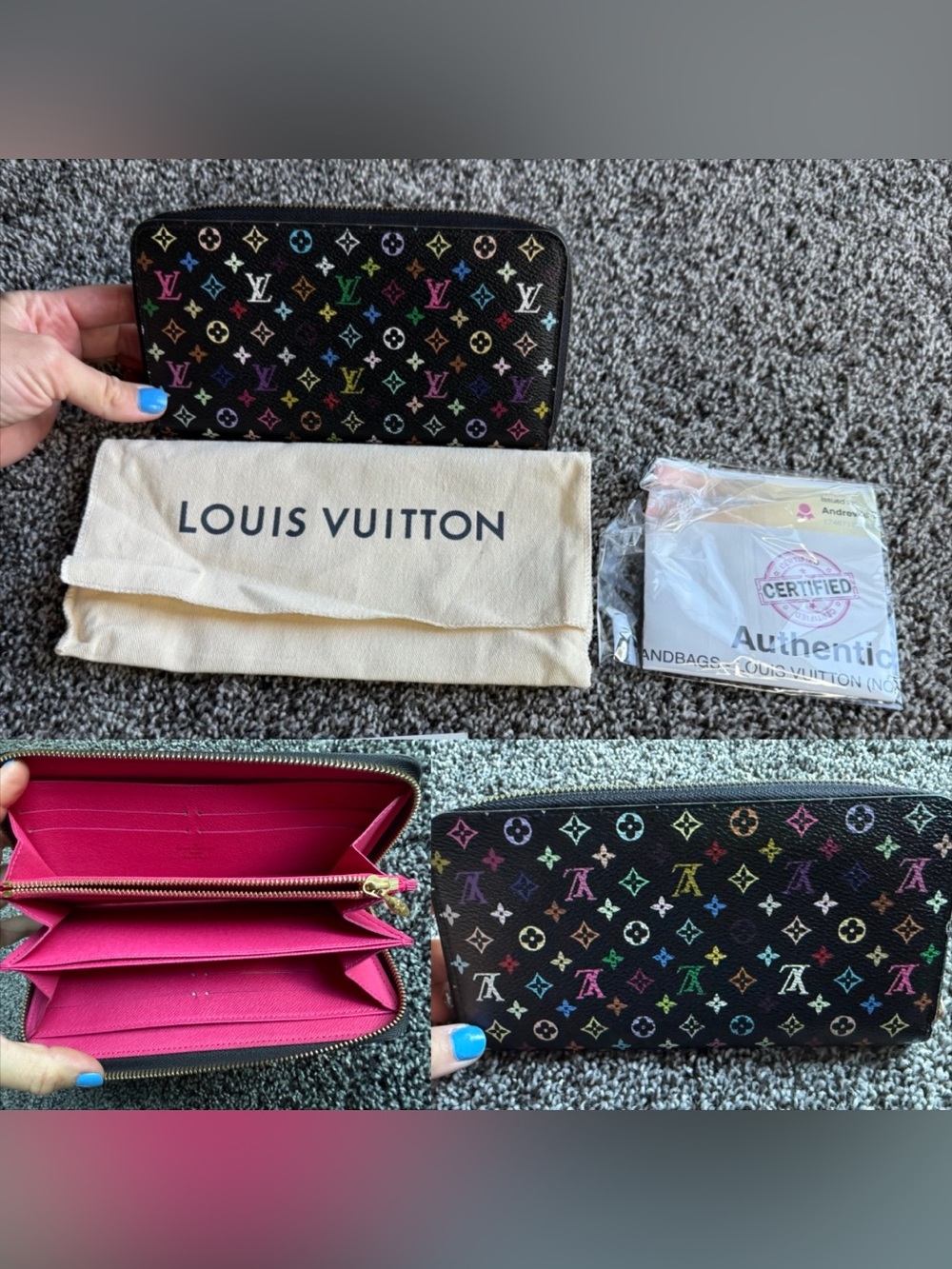 Louis Vuitton black/pink Murakami zip around wallet with COA and dust bag